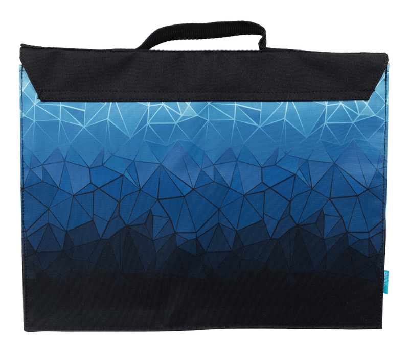 Back of the Spencil Fractal library bag with the geometric blue fade running across the panel beneath the plain fold-over flap and top handle