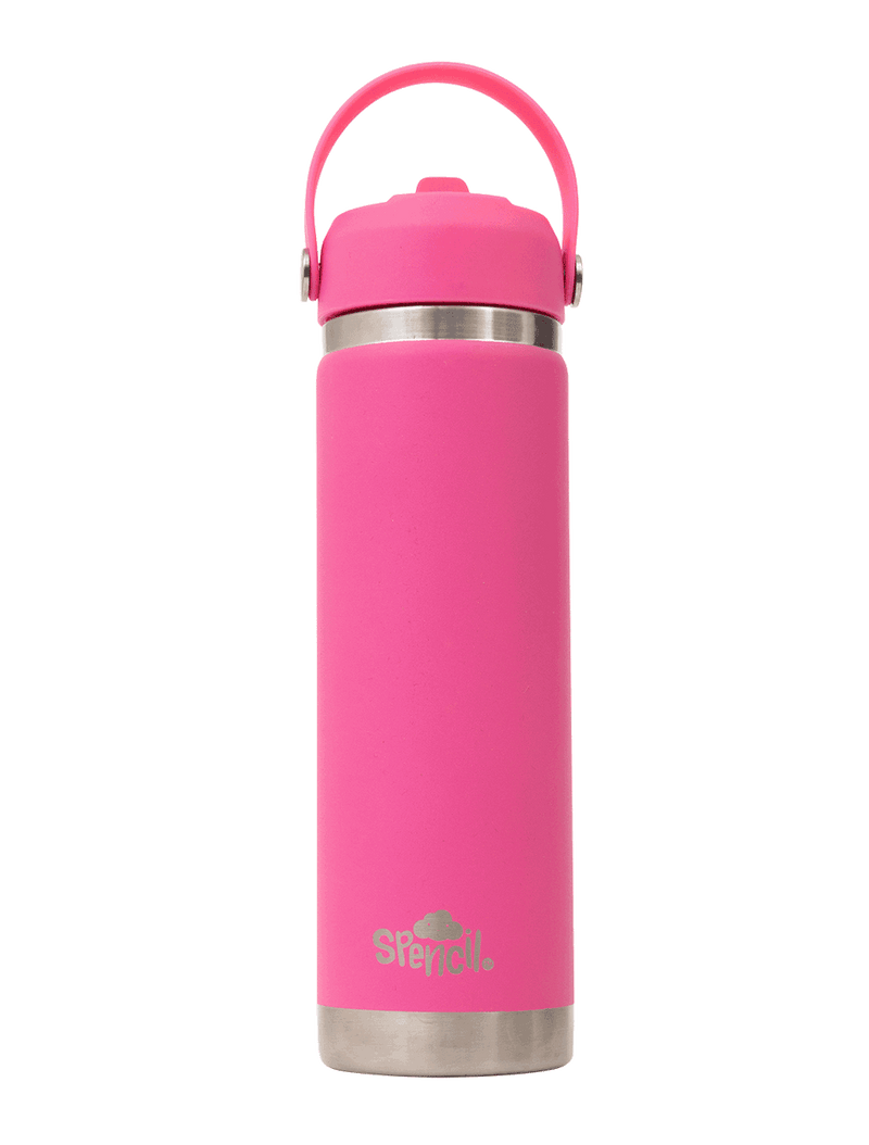 Spencil Fuschia Big Insulated Water Bottle 650ml, front view with the carry handle raised and lid closed, hot pink powder coat with steel bands