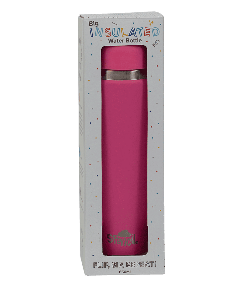 Spencil Fuschia Big Insulated Water Bottle 650ml, in its Spencil retail box, hot pink powder coat with steel bands