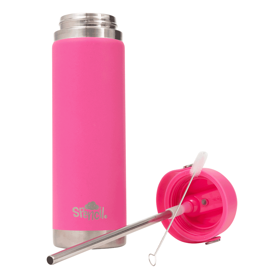 Spencil Fuschia Big Insulated Water Bottle 650ml, with the lid off, removable stainless steel straw and cleaning brush laid beside it, hot pink powder coat with steel bands