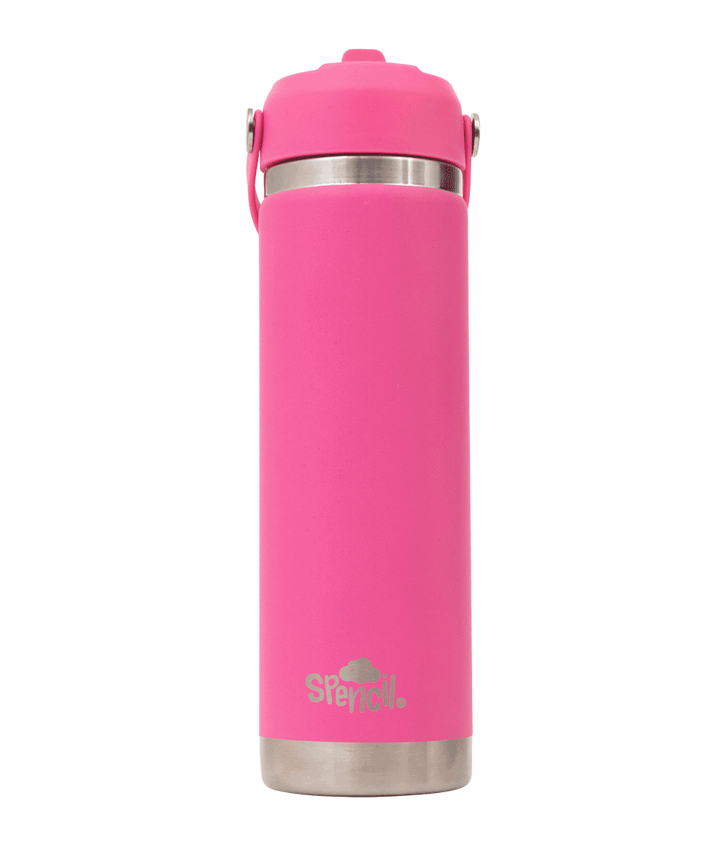 Spencil Fuschia Big Insulated Water Bottle 650ml, front view with the handle folded down, hot pink powder coat with steel bands