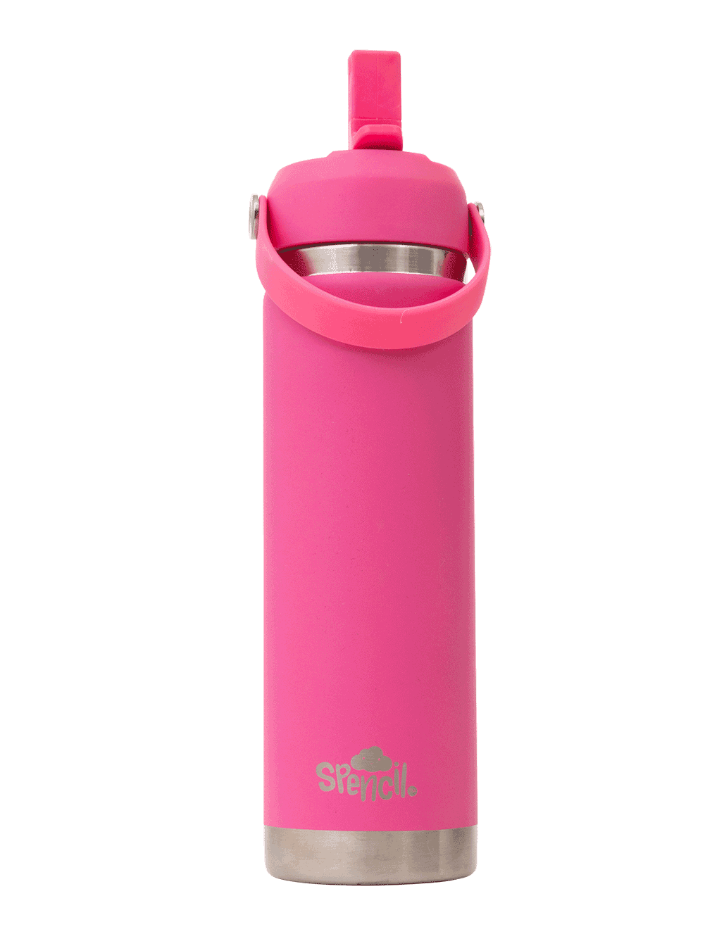 Spencil Fuschia Big Insulated Water Bottle 650ml, front view with the straw spout flipped up, hot pink powder coat with steel bands