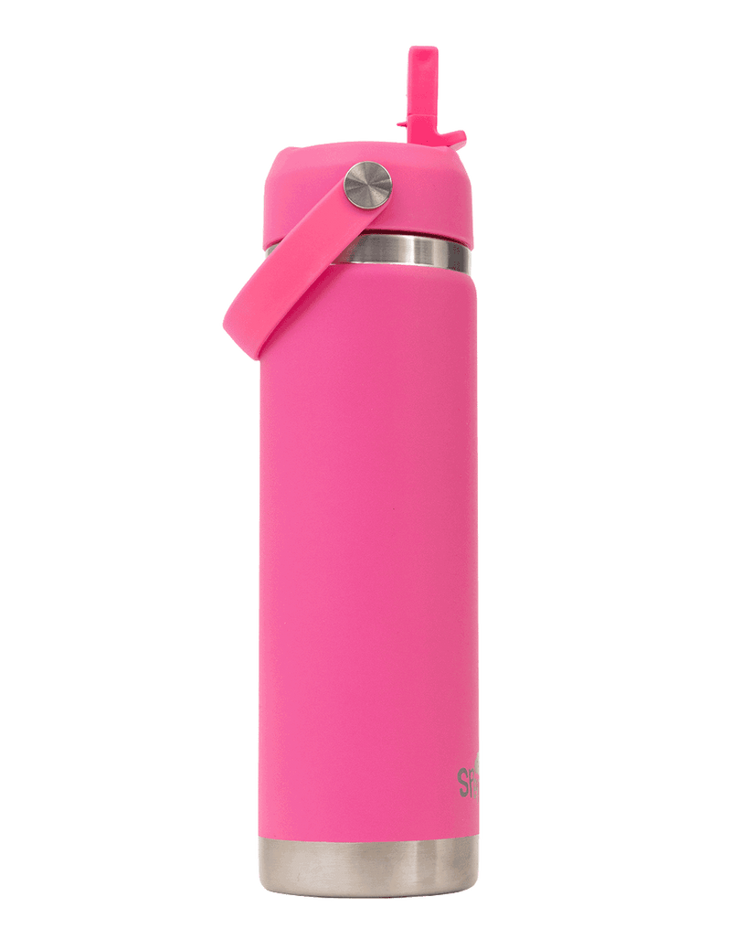 Spencil Fuschia Big Insulated Water Bottle 650ml, side view with the spout flipped up, hot pink powder coat with steel bands