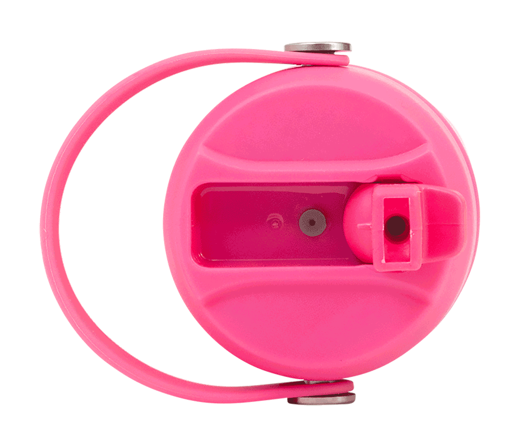 Spencil Fuschia Big Insulated Water Bottle 650ml, top view of the lid showing the spout and handle loop, hot pink powder coat with steel bands