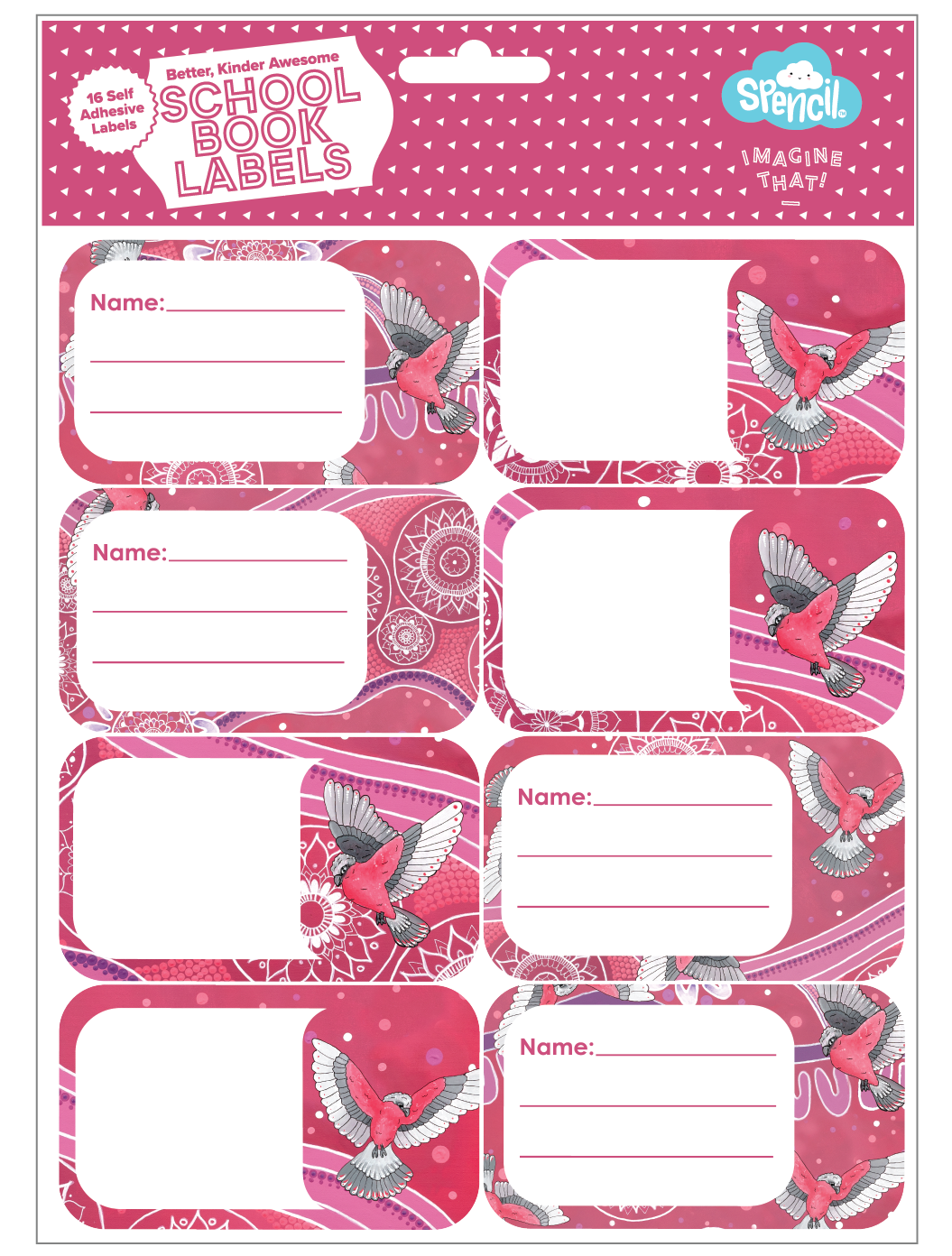 Front of the Spencil Galah Story School Book Labels hang-sell pack of 16 self-adhesive name labels, artwork: pink and grey galahs in flight over pink and magenta artwork with white dotted circles