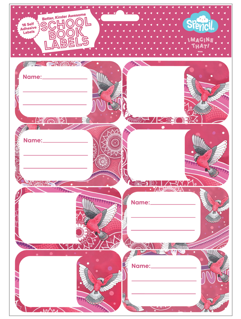 Front of the Spencil Galah Story School Book Labels hang-sell pack of 16 self-adhesive name labels, artwork: pink and grey galahs in flight over pink and magenta artwork with white dotted circles