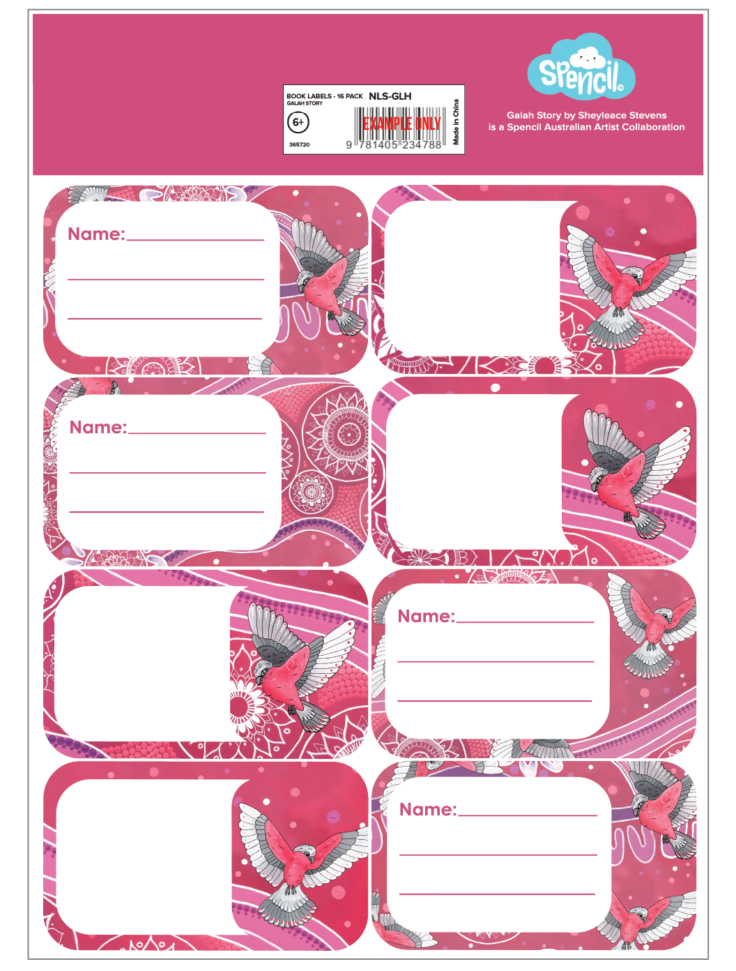 Back of the Spencil Galah Story School Book Labels pack with the barcode panel above the labels, artwork: pink and grey galahs in flight over pink and magenta artwork with white dotted circles