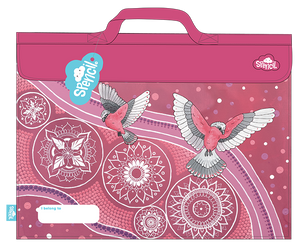 Front of the Spencil Galah Story library bag showing pink and grey galahs in flight over a rose pink background with circular motifs and curving bands, with the top carry handle, fold-over flap and white name pocket at the lower left
