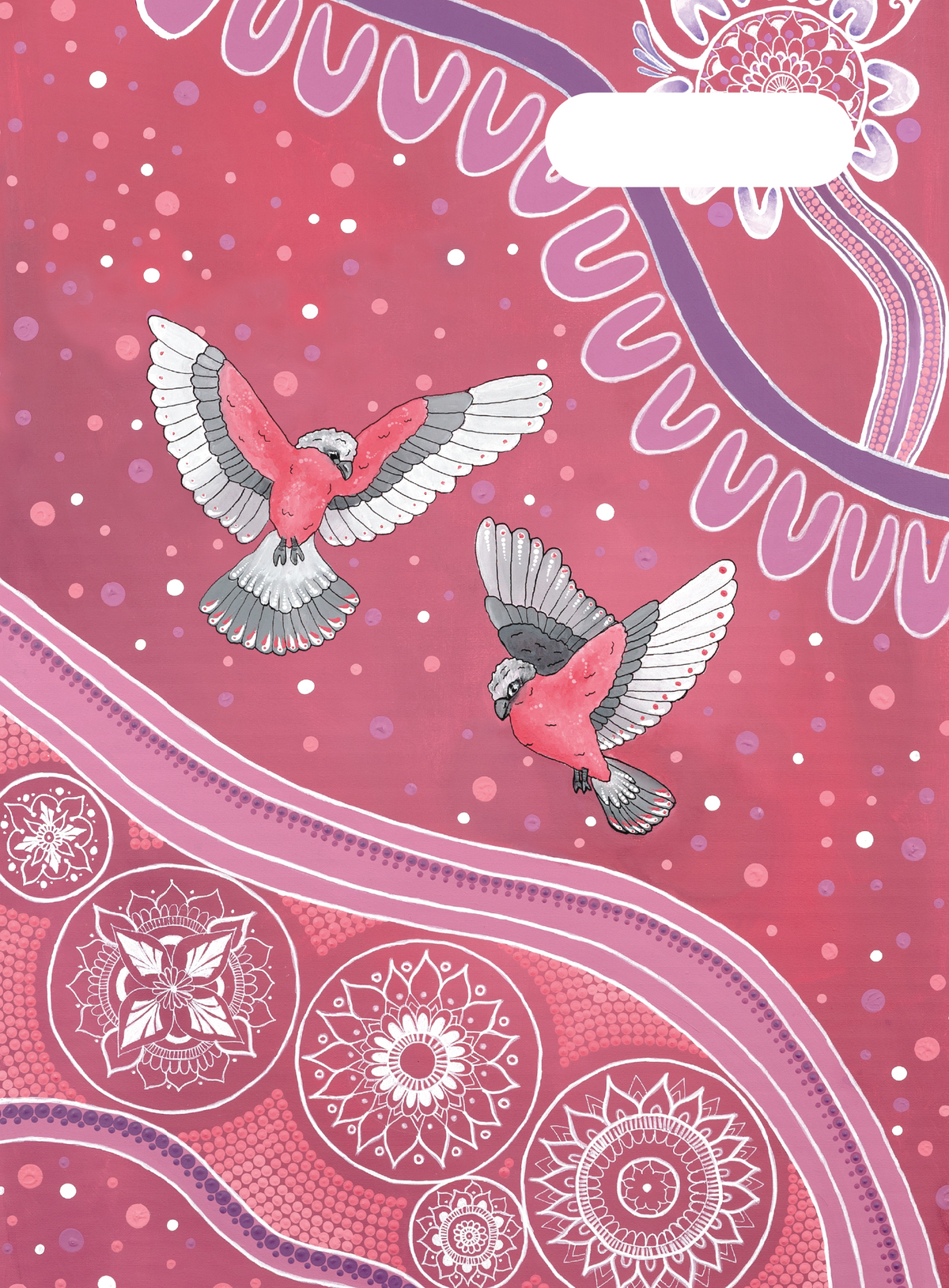 Spencil Galah Story Scrapbook Cover Pack of 6: front artwork, two galahs over rose-pink dotted pathways and white circles, with white name and subject label cut-out