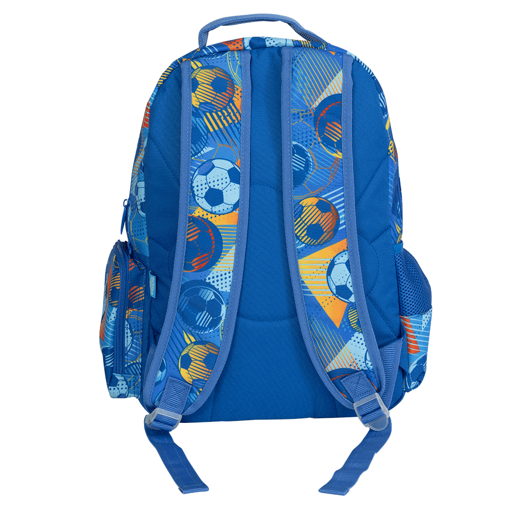 Spencil Game On Big Kids Backpack, back view with padded straps, soccer balls and orange streaks on royal blue