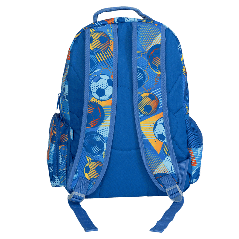 Spencil Game On Big Kids Backpack, back view with padded straps, soccer balls and orange streaks on royal blue