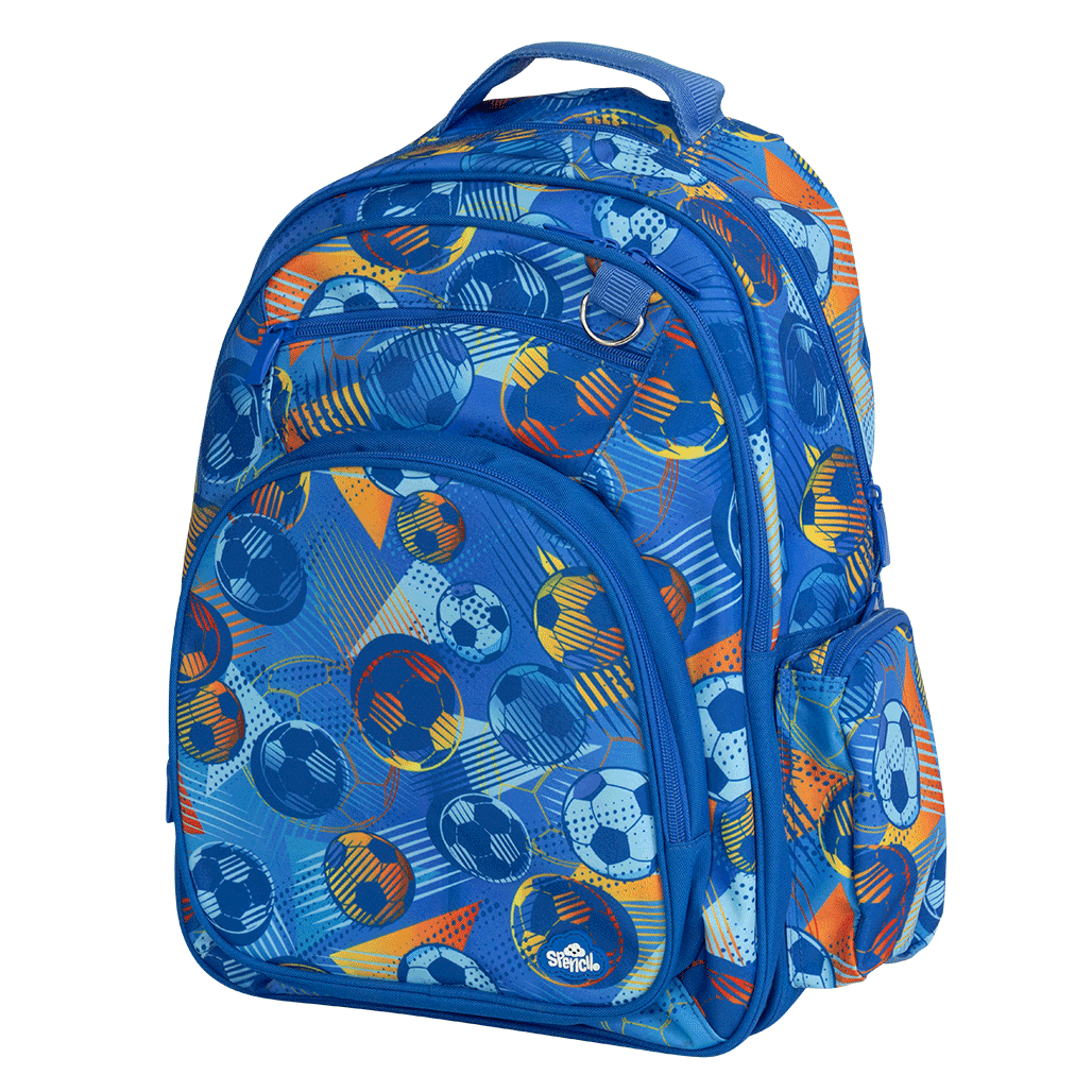 Spencil Game On Big Kids Backpack, three-quarter view, soccer balls and orange streaks on royal blue