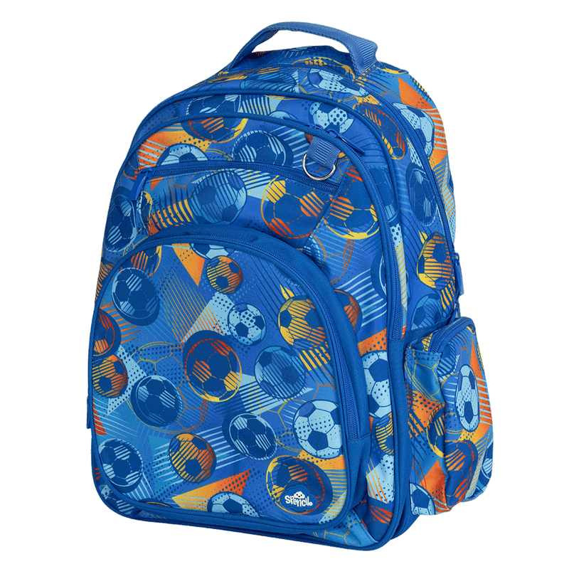 Spencil Game On Big Kids Backpack, three-quarter view, soccer balls and orange streaks on royal blue