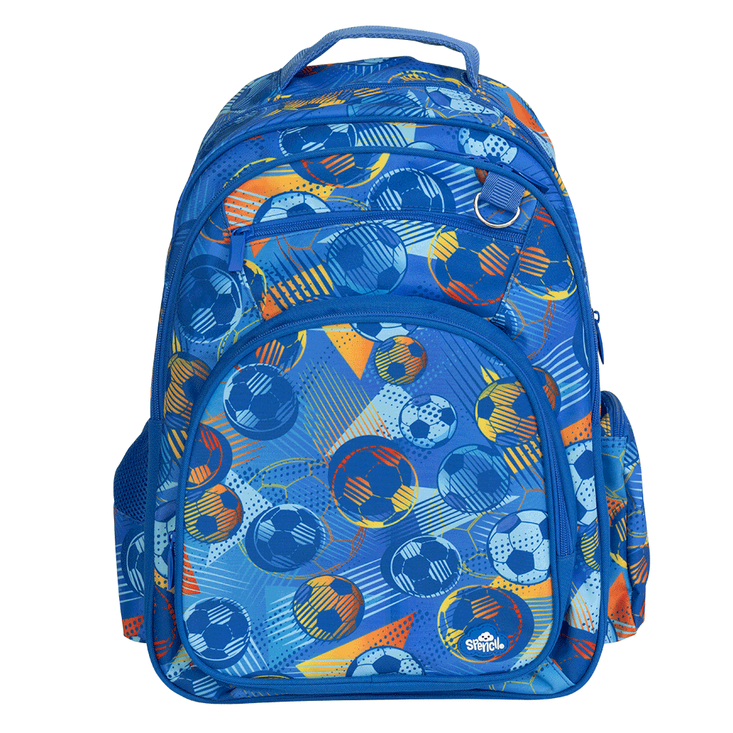 Spencil Game On Big Kids Backpack, front, soccer balls and orange streaks on royal blue