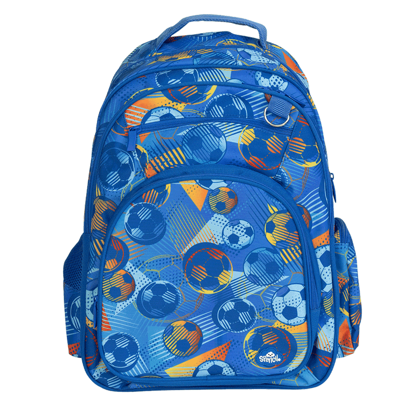 Spencil Game On Big Kids Backpack, front, soccer balls and orange streaks on royal blue