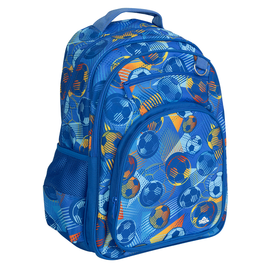 Spencil Game On Big Kids Backpack, three-quarter view showing the mesh bottle pocket, soccer balls and orange streaks on royal blue