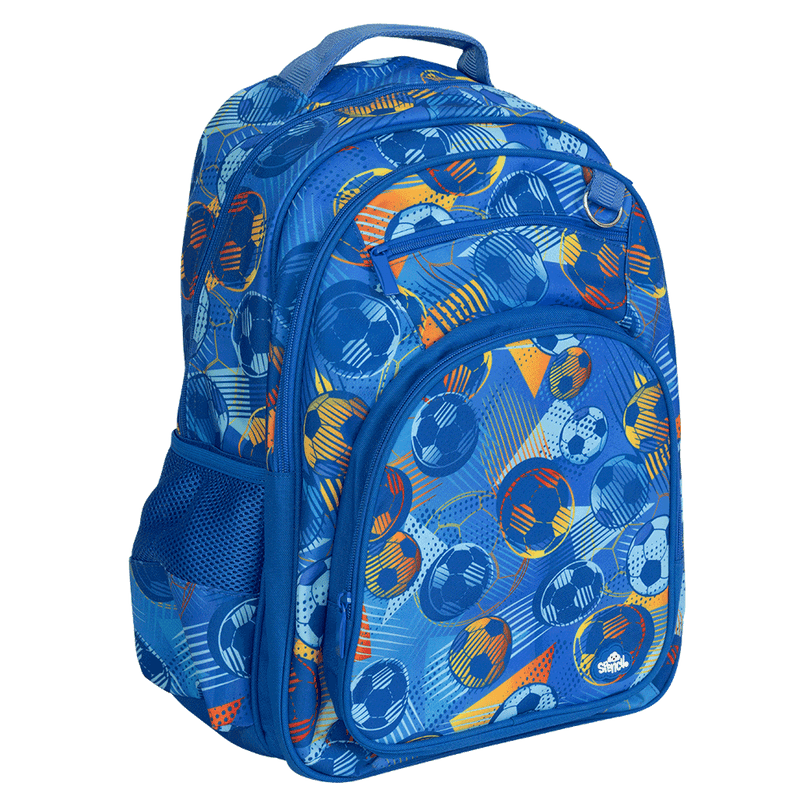 Spencil Game On Big Kids Backpack, three-quarter view showing the mesh bottle pocket, soccer balls and orange streaks on royal blue