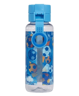 Spencil Game On Big Water Bottle 650ml, back view showing the carry strap and finger ring, soccer balls in blue, orange and white on blue, light blue lid
