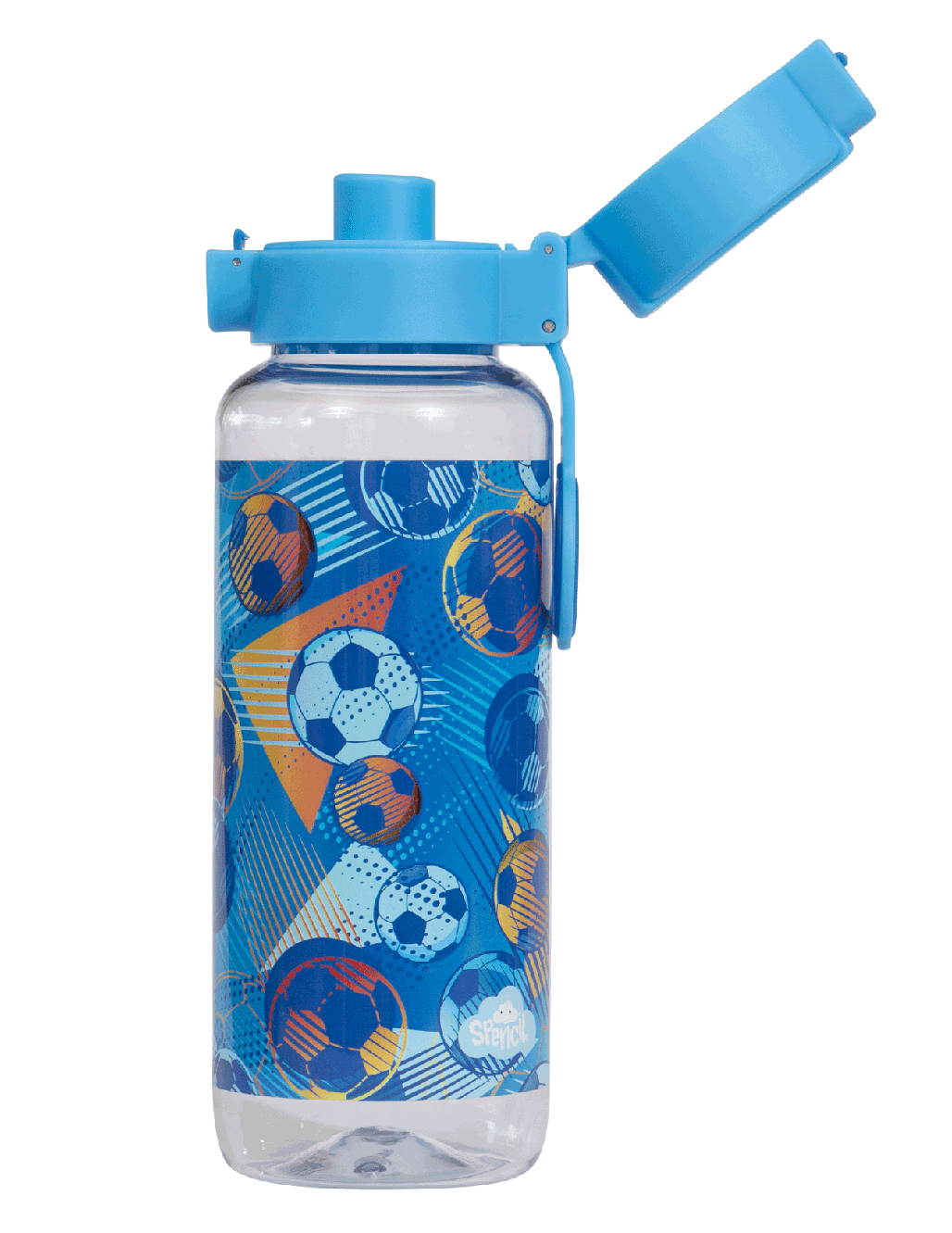 Spencil Game On Big Water Bottle 650ml, side view with the flip lid open showing the drinking spout, soccer balls in blue, orange and white on blue, light blue lid