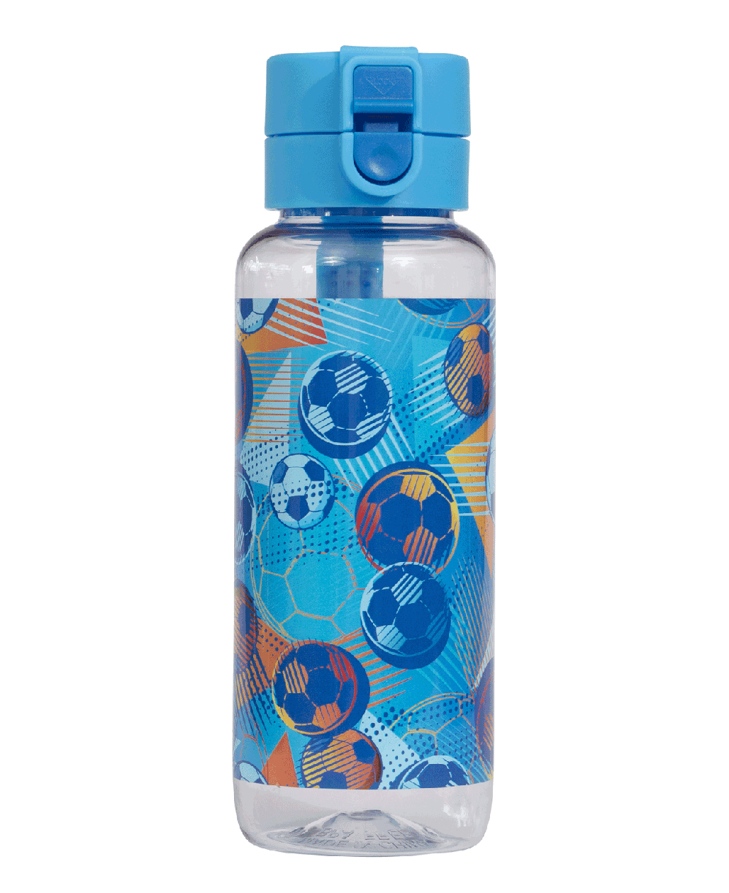 Spencil Game On Big Water Bottle 650ml, front view with the lid closed, soccer balls in blue, orange and white on blue, light blue lid