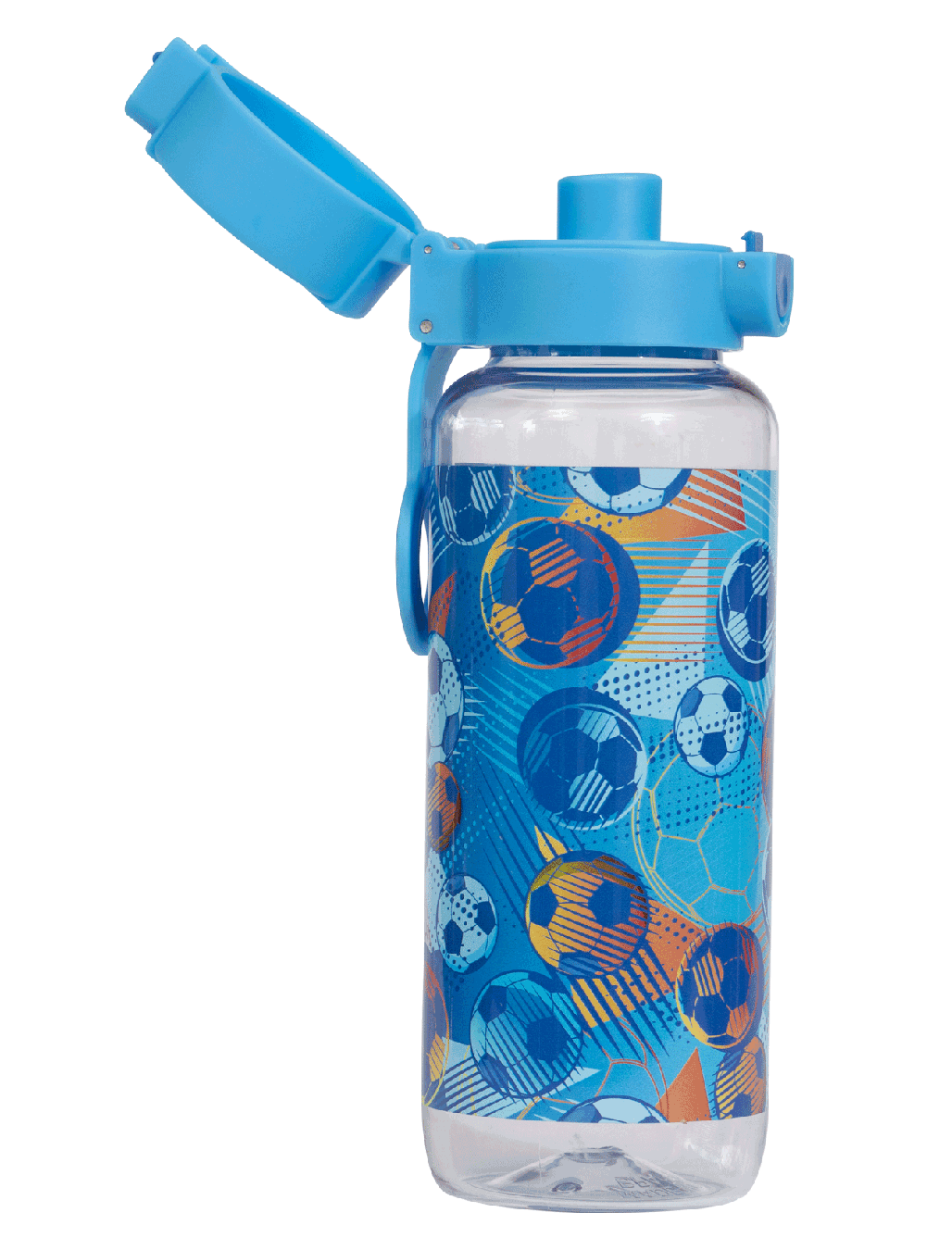 Spencil Game On Big Water Bottle 650ml, side view with the flip lid open showing the drinking spout, soccer balls in blue, orange and white on blue, light blue lid, alternate shot