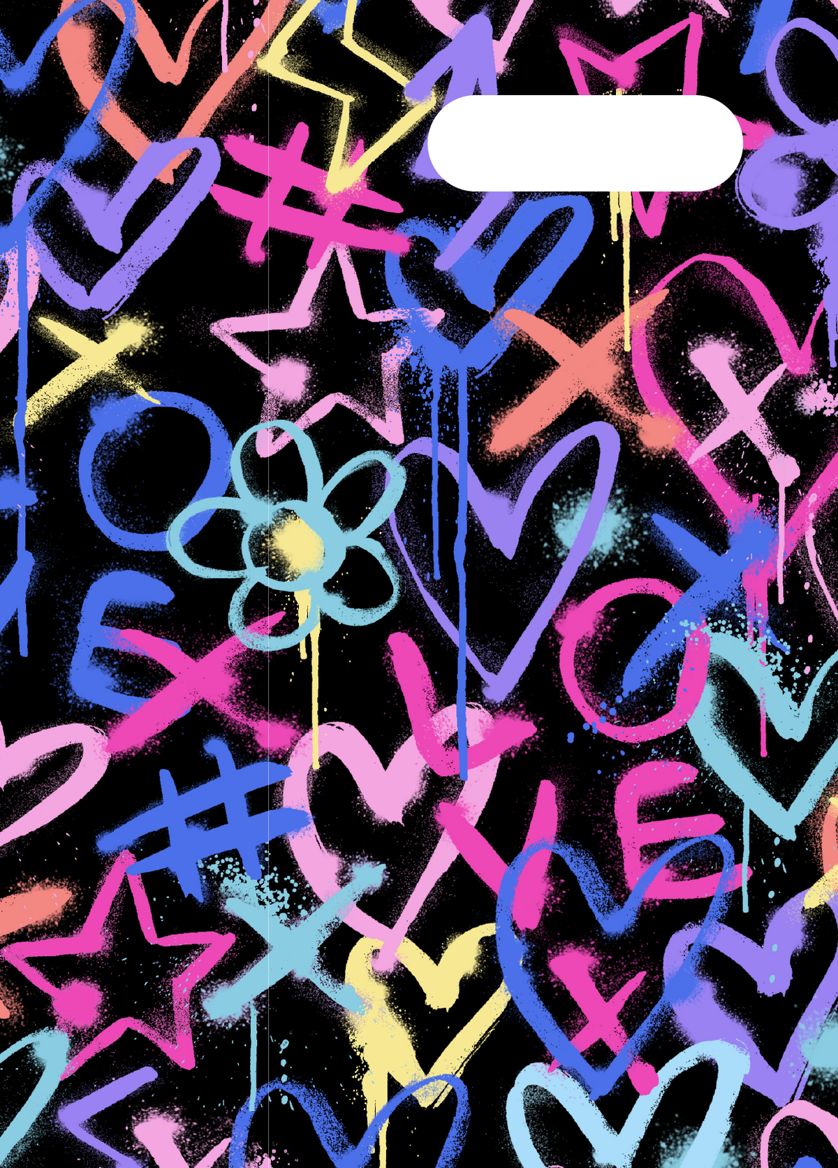 Spencil Hearts and Crosses A4 Book Cover Pack of 6: front artwork, spray-painted hearts, crosses and stars on black, with white name and subject label cut-out
