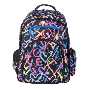 Spencil Hearts and Crosses Big Kids Backpack, front, pastel hand-drawn hearts and crosses on black