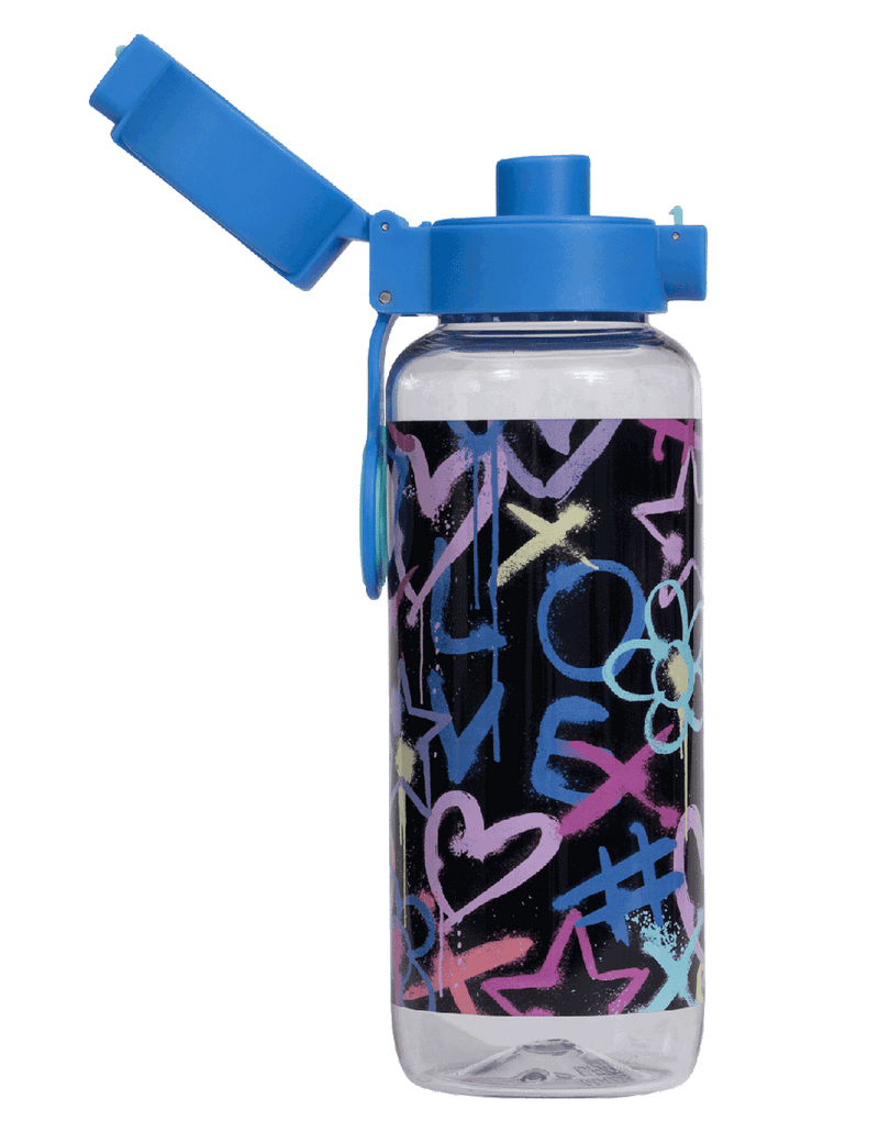 Spencil Hearts and Crosses Big Water Bottle 650ml, side view with the flip lid open showing the drinking spout, pastel hand-drawn hearts, noughts and crosses on black, blue lid with aqua ring