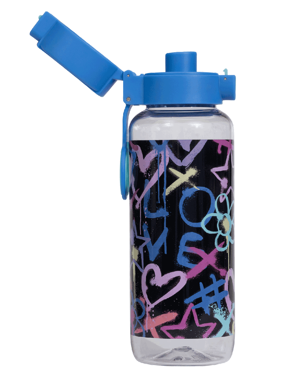 Spencil Hearts and Crosses Big Water Bottle 650ml, side view with the flip lid open showing the drinking spout, pastel hand-drawn hearts, noughts and crosses on black, blue lid with aqua ring