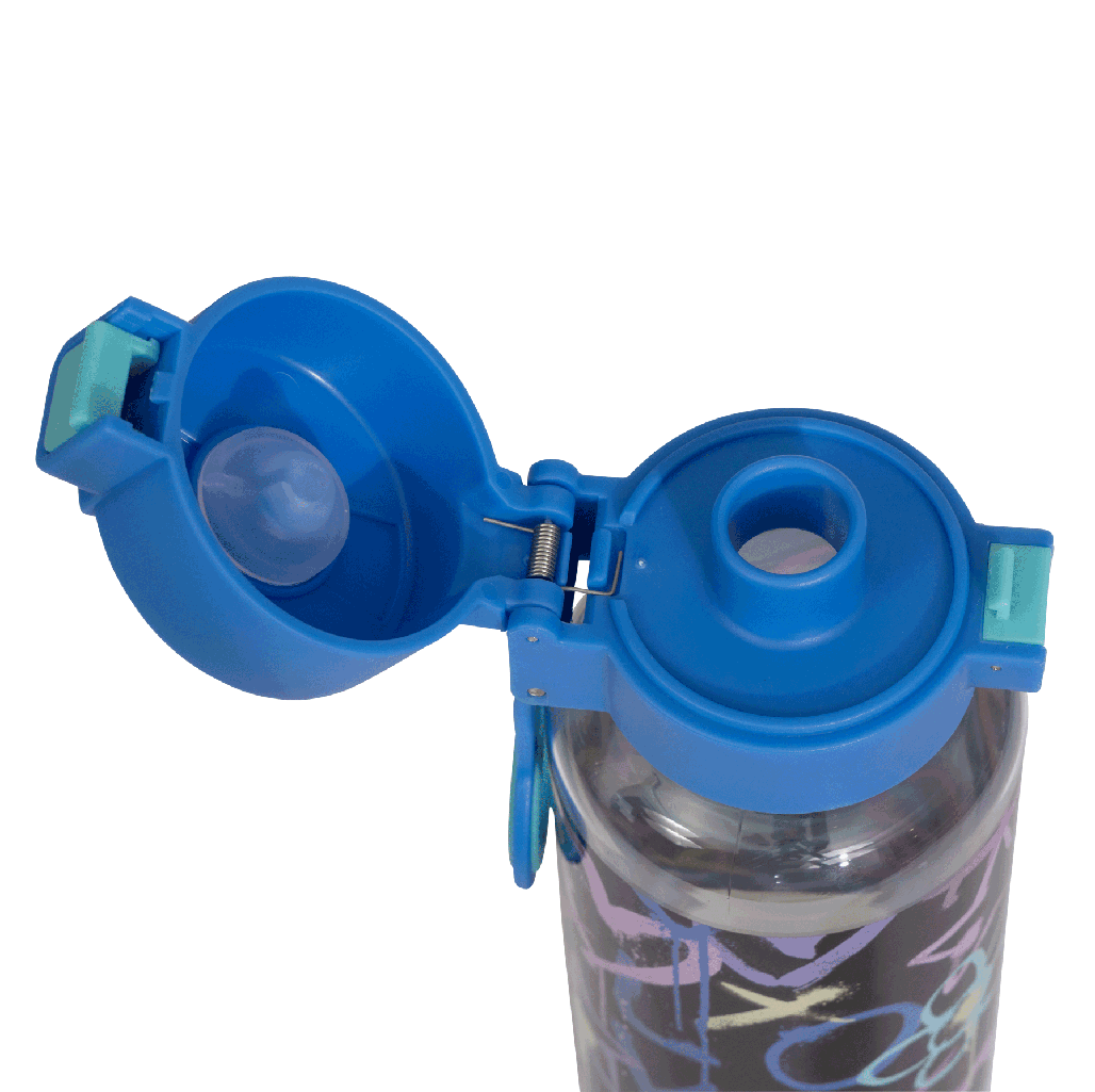Spencil Hearts and Crosses Big Water Bottle 650ml, close-up from above with the lid open showing the spout and seal, pastel hand-drawn hearts, noughts and crosses on black, blue lid with aqua ring