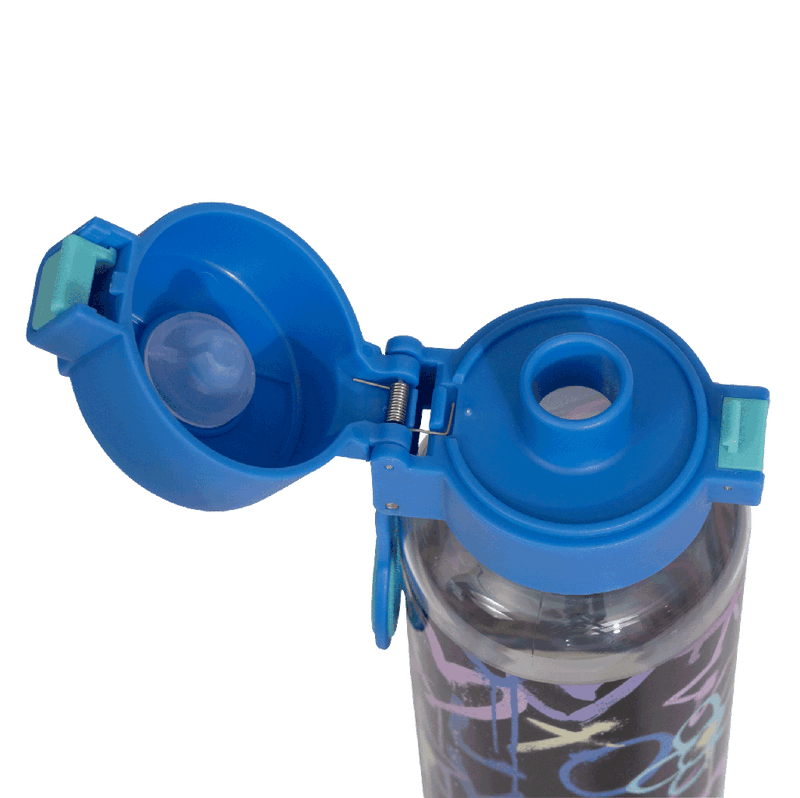 Spencil Hearts and Crosses Big Water Bottle 650ml, close-up from above with the lid open showing the spout and seal, pastel hand-drawn hearts, noughts and crosses on black, blue lid with aqua ring