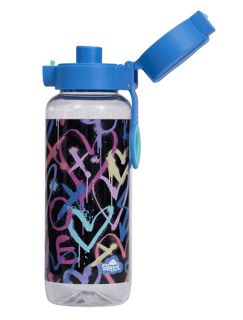 Spencil Hearts and Crosses Big Water Bottle 650ml, side view with the flip lid open showing the drinking spout, pastel hand-drawn hearts, noughts and crosses on black, blue lid with aqua ring, alternate shot