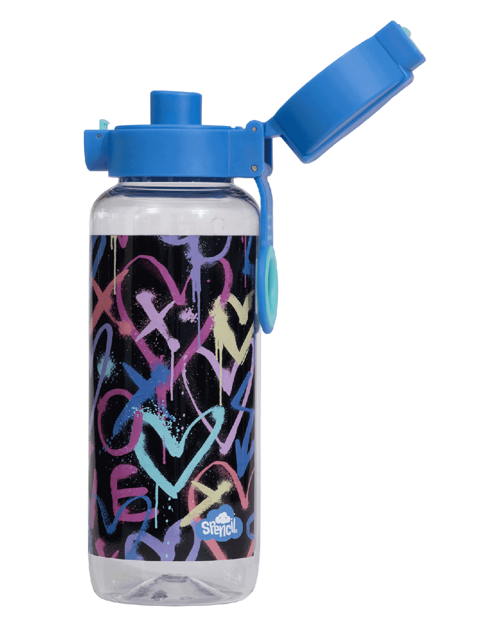 Spencil Hearts and Crosses Big Water Bottle 650ml, side view with the flip lid open showing the drinking spout, pastel hand-drawn hearts, noughts and crosses on black, blue lid with aqua ring, alternate shot