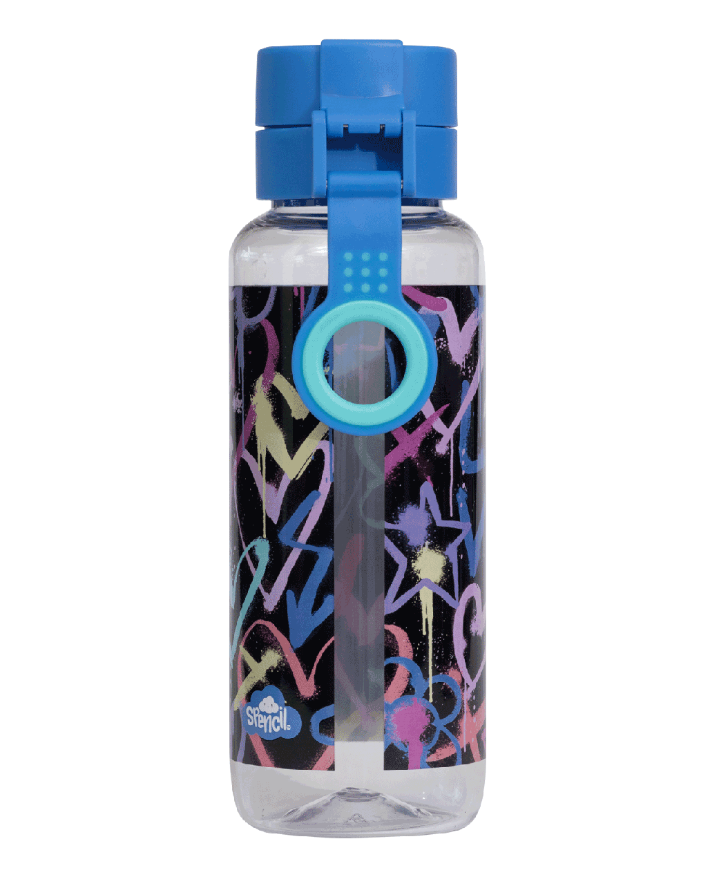Spencil Hearts and Crosses Big Water Bottle 650ml, back view showing the carry strap and finger ring, pastel hand-drawn hearts, noughts and crosses on black, blue lid with aqua ring