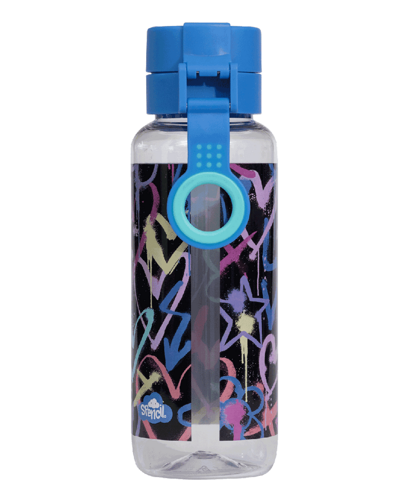 Spencil Hearts and Crosses Big Water Bottle 650ml, back view showing the carry strap and finger ring, pastel hand-drawn hearts, noughts and crosses on black, blue lid with aqua ring