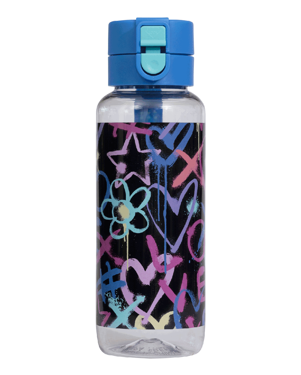Spencil Hearts and Crosses Big Water Bottle 650ml, front view with the lid closed, pastel hand-drawn hearts, noughts and crosses on black, blue lid with aqua ring