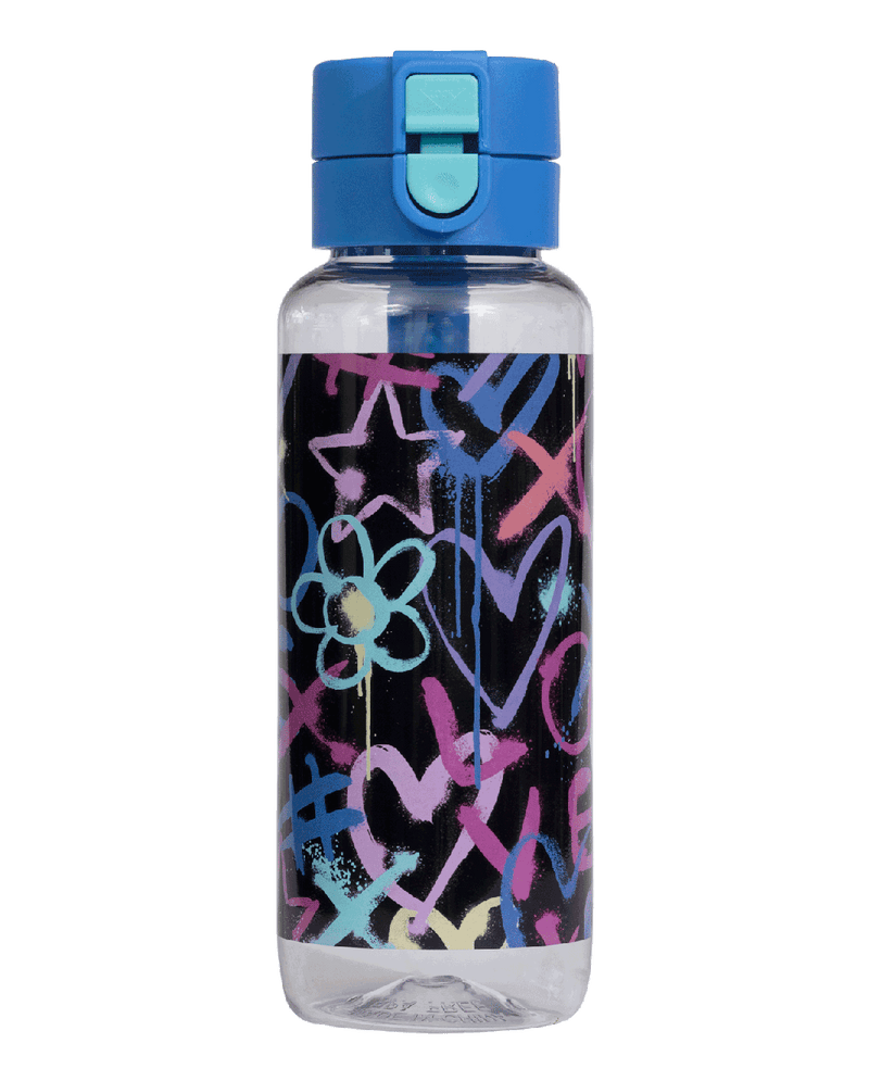 Spencil Hearts and Crosses Big Water Bottle 650ml, front view with the lid closed, pastel hand-drawn hearts, noughts and crosses on black, blue lid with aqua ring