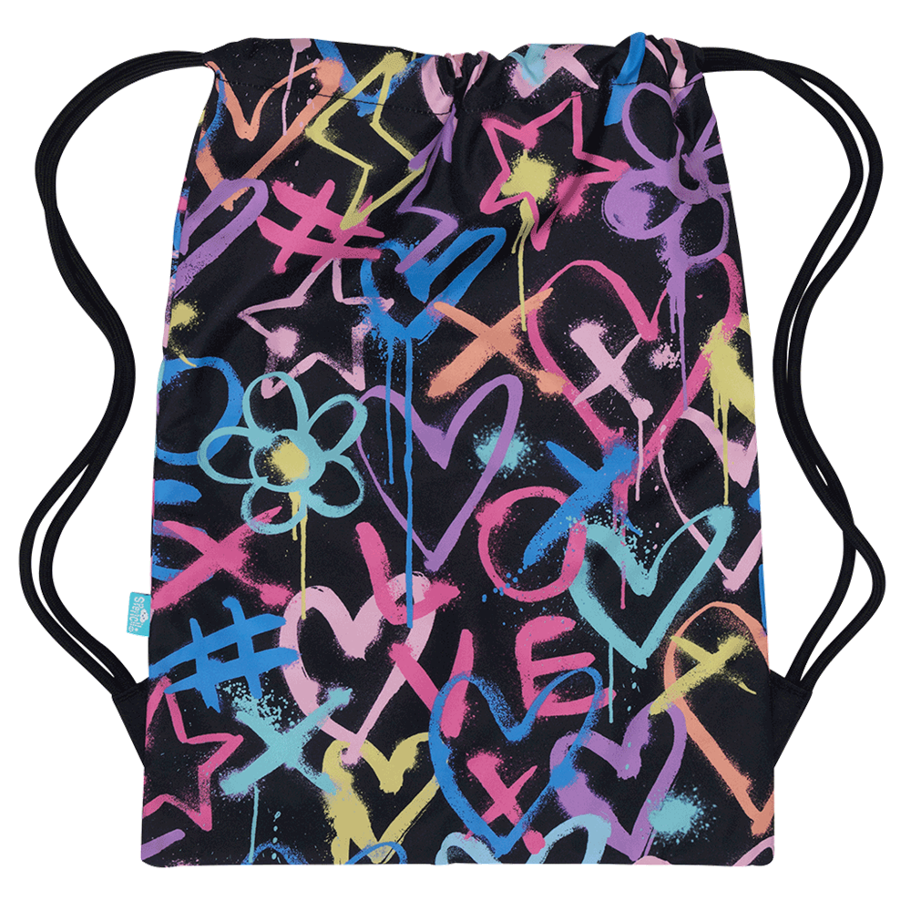 Spencil Hearts and Crosses Drawstring Bag front with pastel graffiti hearts and crosses on black
