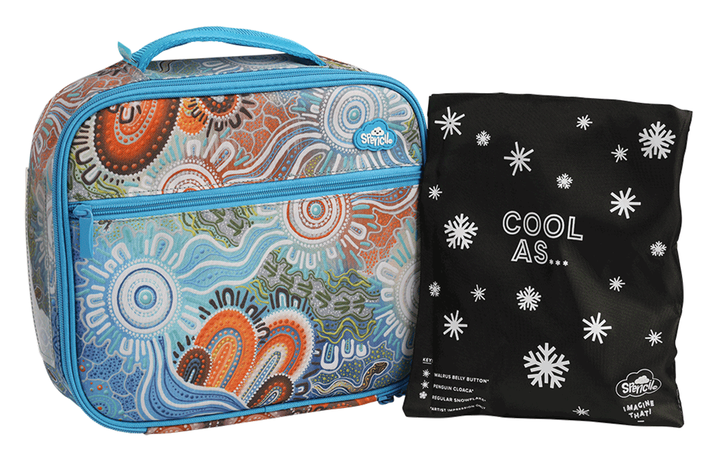 Spencil Kalkatungu Muu Big Cooler Lunch Bag standing beside its Big Chill Pack in a black snowflake Cool As cover, showing the artwork in warm orange, sky blue, cream and white tones with turquoise trim and handle