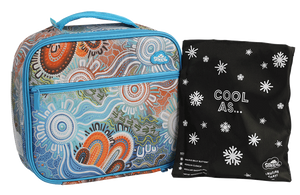 Spencil Kalkatungu Muu Big Cooler Lunch Bag standing beside its Big Chill Pack in a black snowflake Cool As cover, showing the artwork in warm orange, sky blue, cream and white tones with turquoise trim and handle