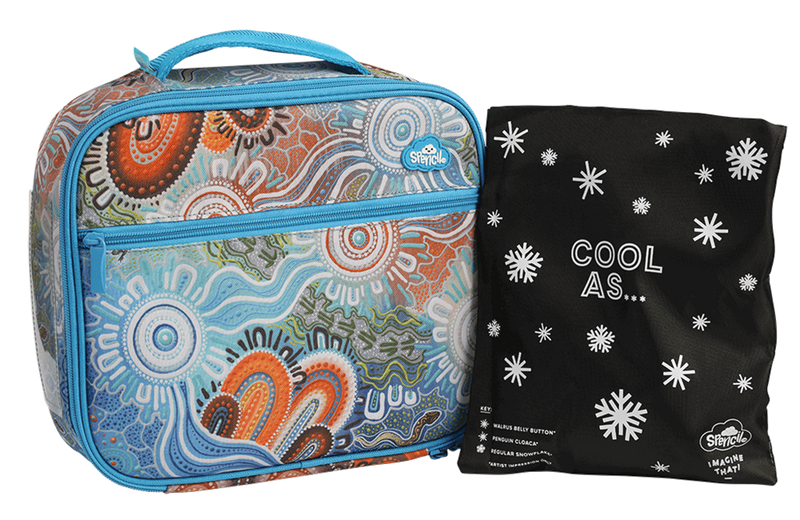 Spencil Kalkatungu Muu Big Cooler Lunch Bag standing beside its Big Chill Pack in a black snowflake Cool As cover, showing the artwork in warm orange, sky blue, cream and white tones with turquoise trim and handle