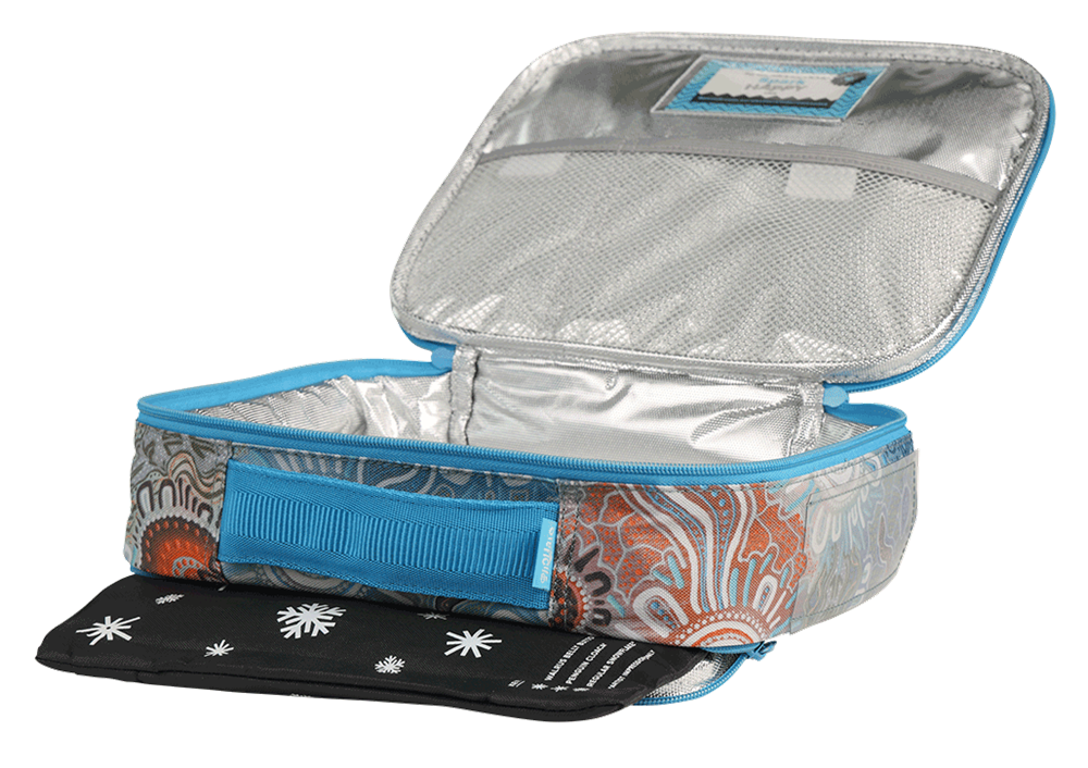 Spencil Kalkatungu Muu Big Cooler Lunch Bag unzipped to show the silver insulated lining, with the Big Chill Pack in its black snowflake cover at the base