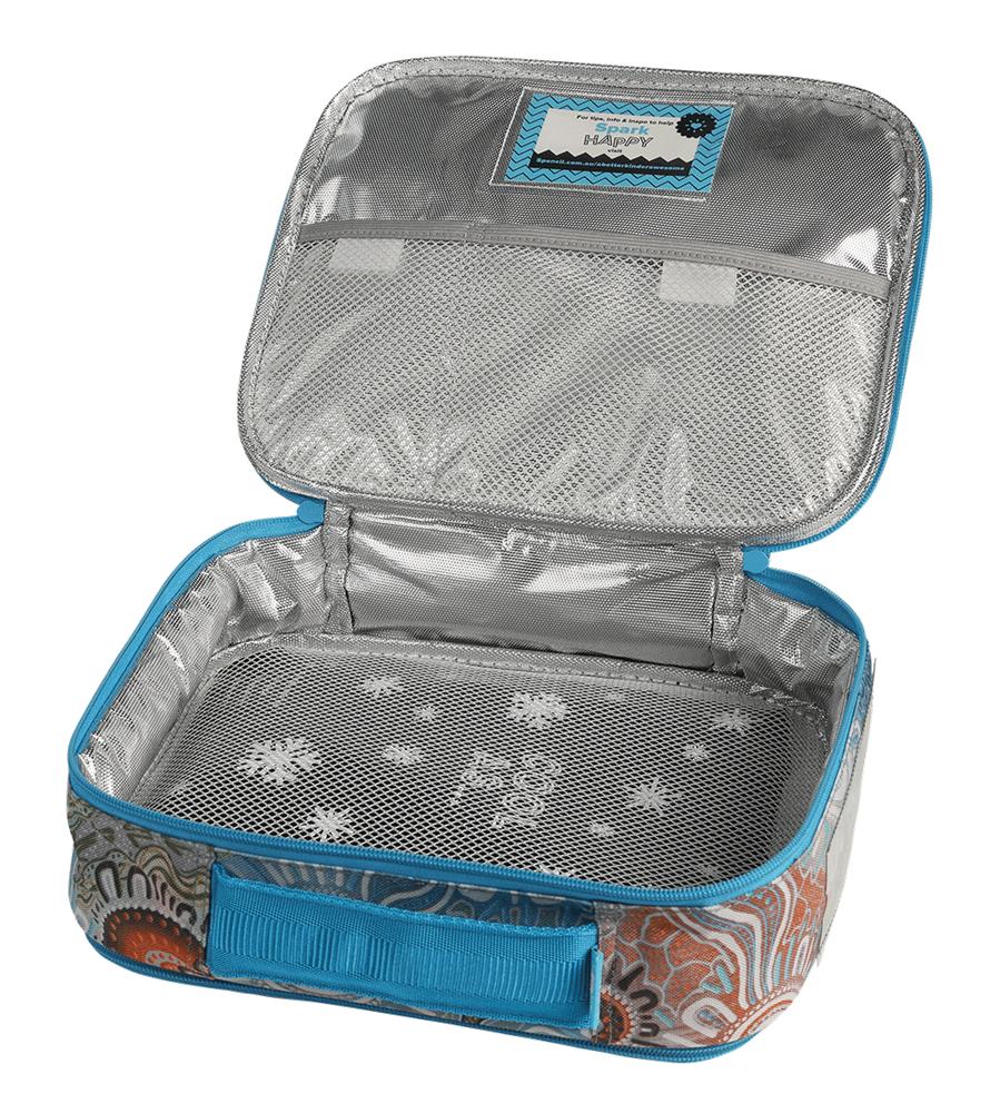 Spencil Kalkatungu Muu Big Cooler Lunch Bag opened flat to show the silver insulated lining and the mesh pocket inside the lid