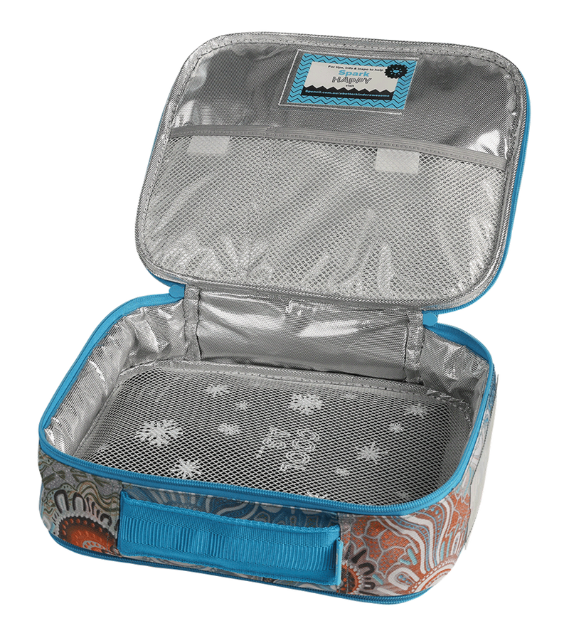 Spencil Kalkatungu Muu Big Cooler Lunch Bag opened flat to show the silver insulated lining and the mesh pocket inside the lid