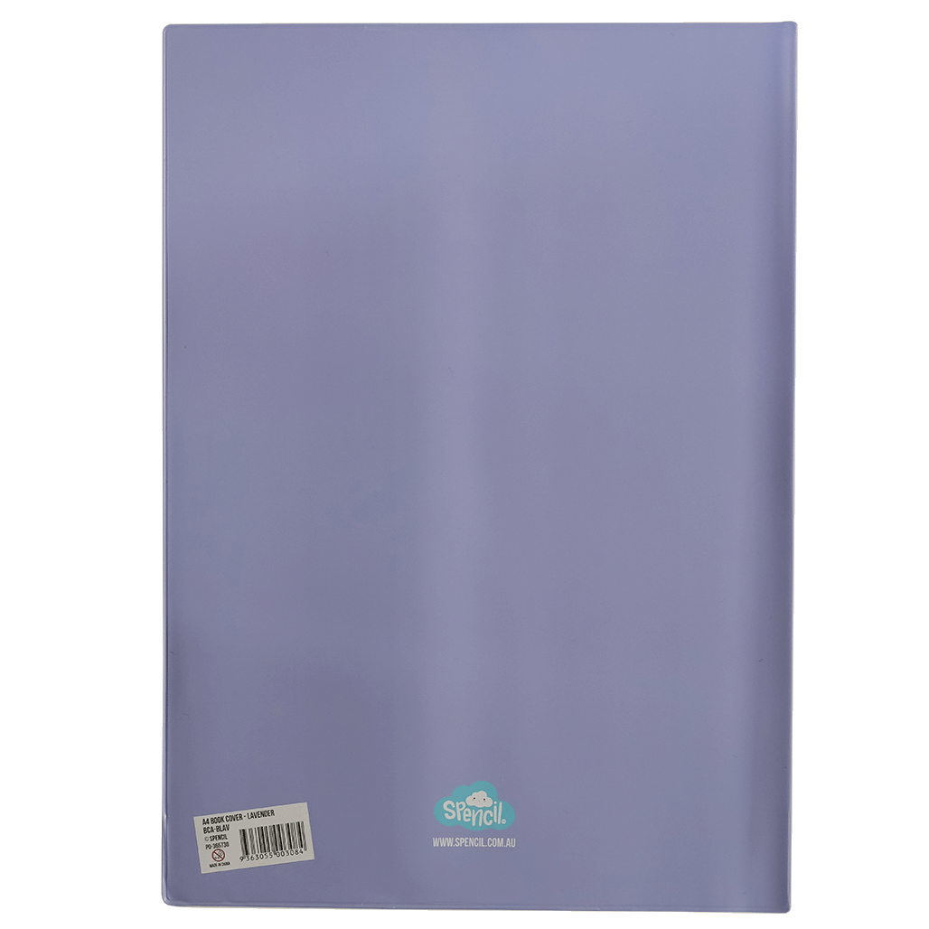 Spencil Lavender A4 Book Cover Pack of 6: back of cover on a book, plain muted lavender cover, showing the Spencil logo