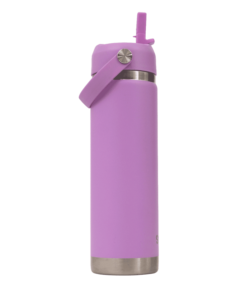 Spencil Lilac Big Insulated Water Bottle 650ml, side view with the spout flipped up, pastel lilac powder coat with steel bands