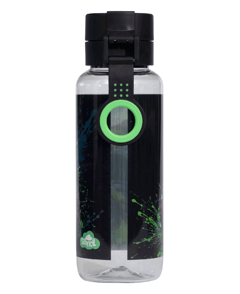 Spencil Mega Wheels Big Water Bottle 650ml, back view showing the carry strap and finger ring, monster truck with lime green paint splashes on black, black lid with green clip