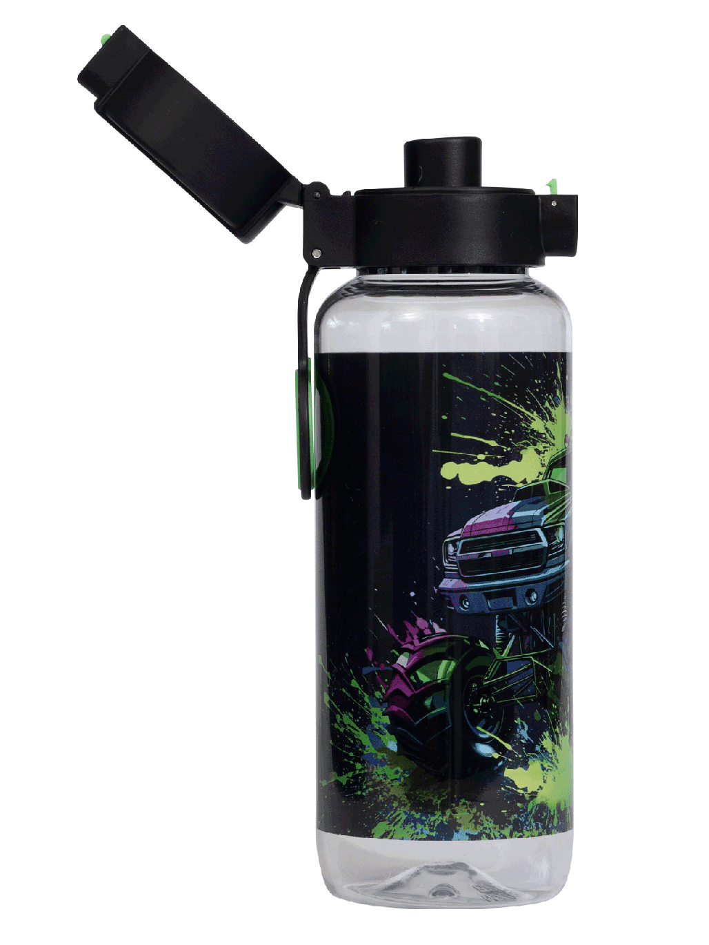 Spencil Mega Wheels Big Water Bottle 650ml, side view with the flip lid open showing the drinking spout, monster truck with lime green paint splashes on black, black lid with green clip