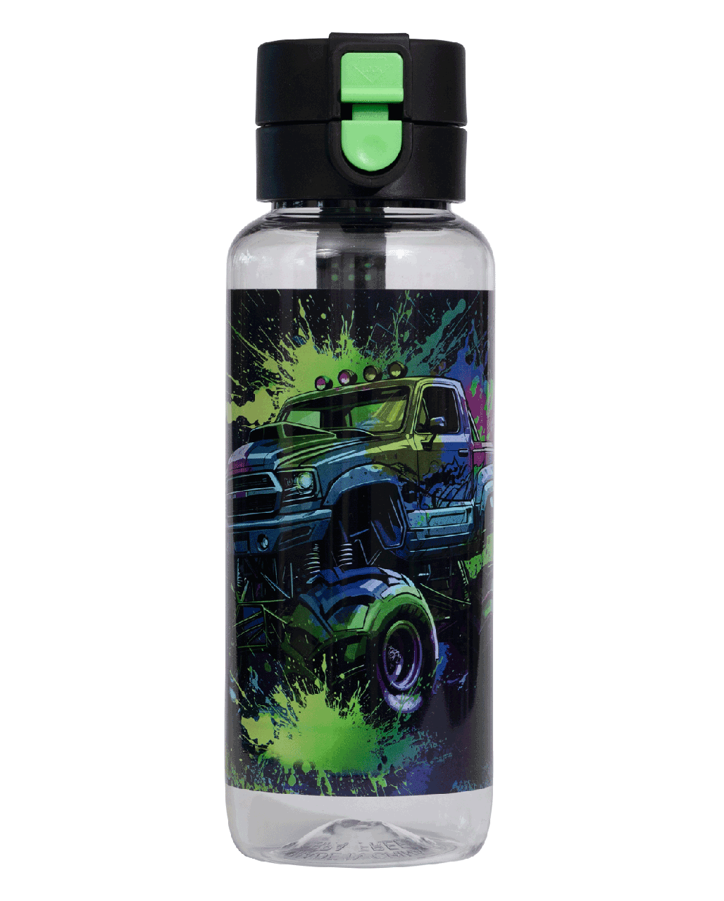 Spencil Mega Wheels Big Water Bottle 650ml, front view with the lid closed, monster truck with lime green paint splashes on black, black lid with green clip