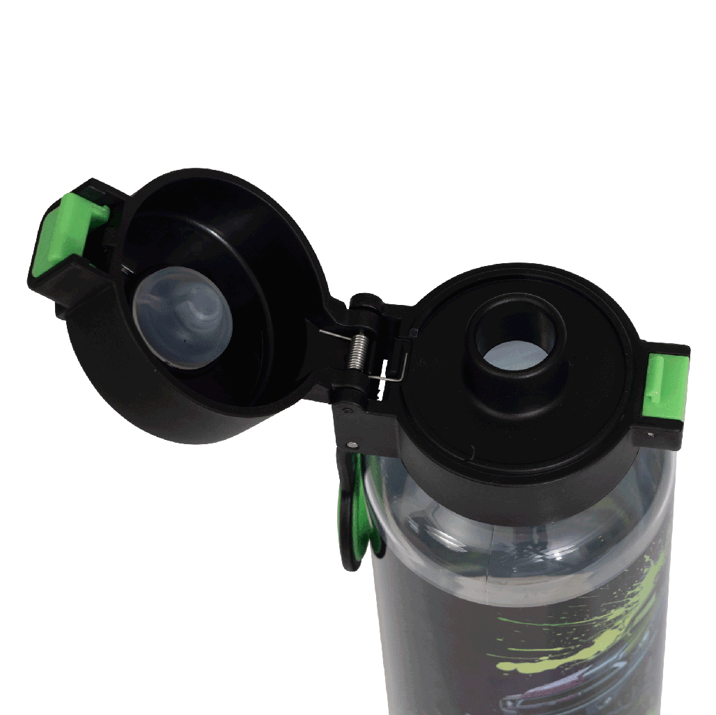 Spencil Mega Wheels Big Water Bottle 650ml, close-up from above with the lid open showing the spout and seal, monster truck with lime green paint splashes on black, black lid with green clip